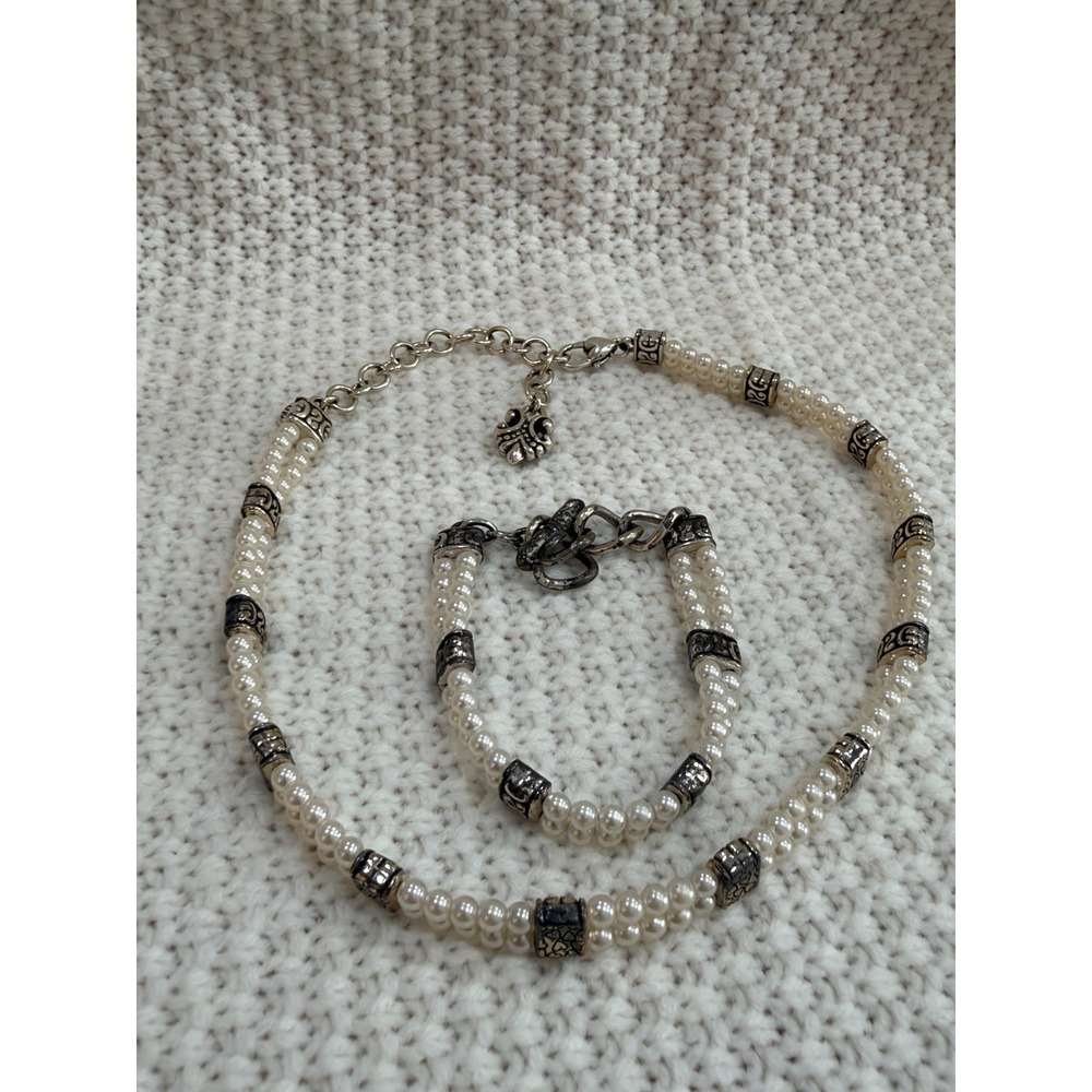 Brighton Faux Pearl Necklace Bracelet Set Silver Tone Double Strand Jewelry